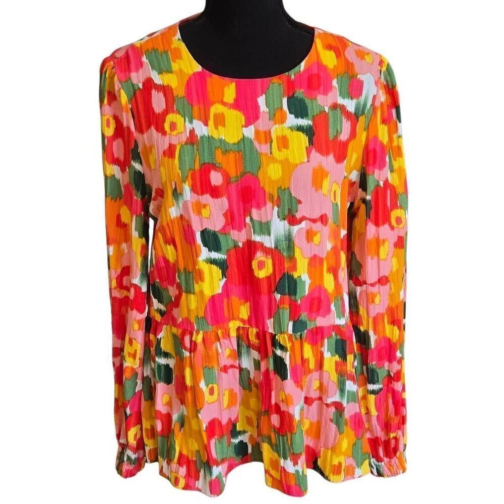 Pomander Place Womens Magnolia Watercolor Carlota Blouse Peplum Top Orange Large